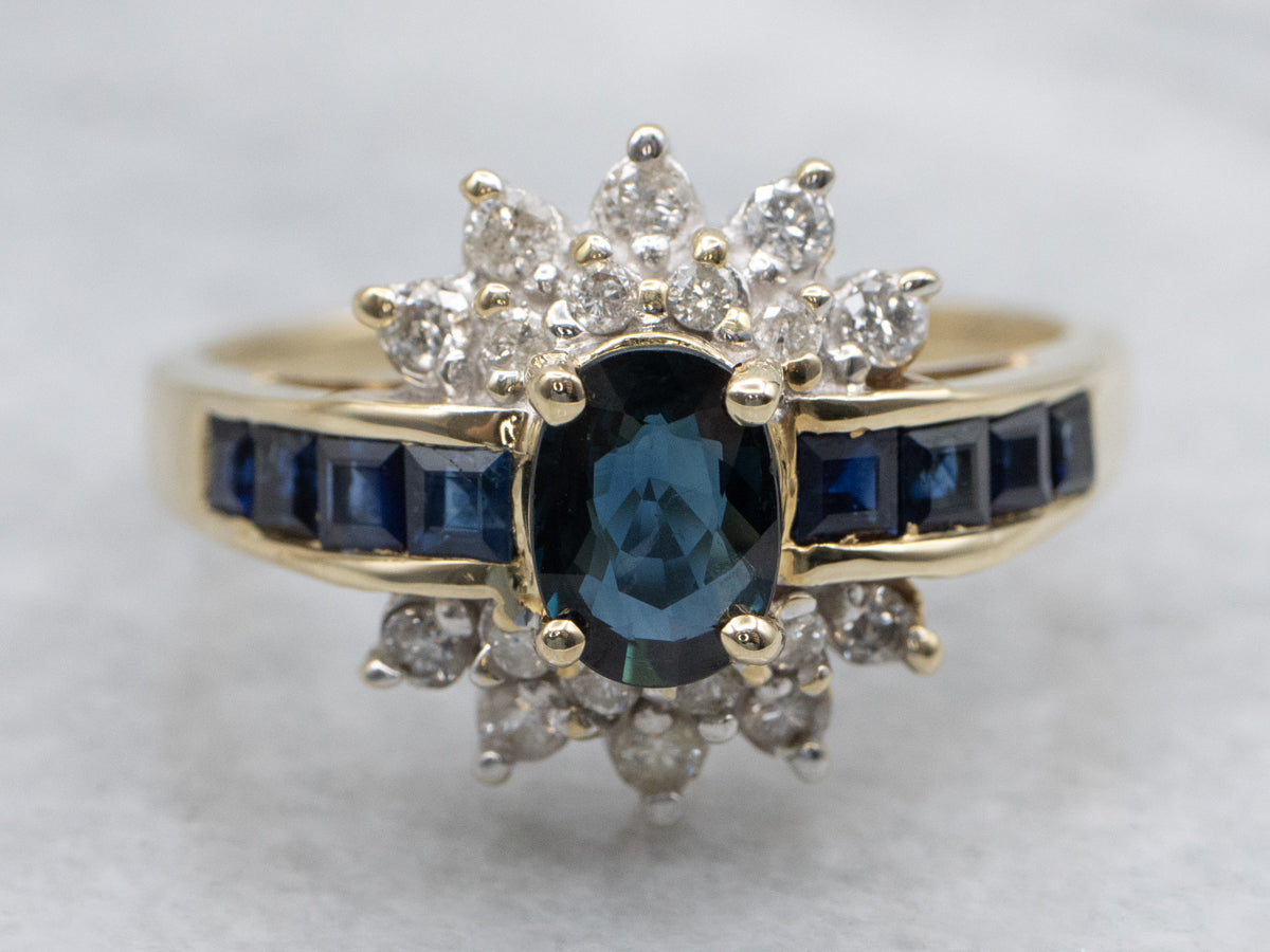 Sapphire and Diamond Cluster Yellow Gold Ring