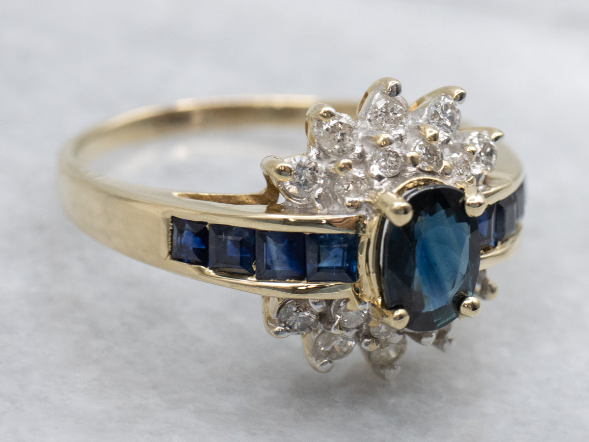 Sapphire and Diamond Cluster Yellow Gold Ring
