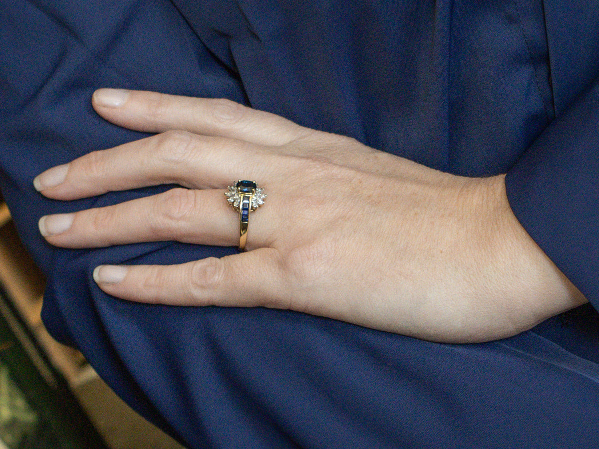 Sapphire and Diamond Cluster Yellow Gold Ring