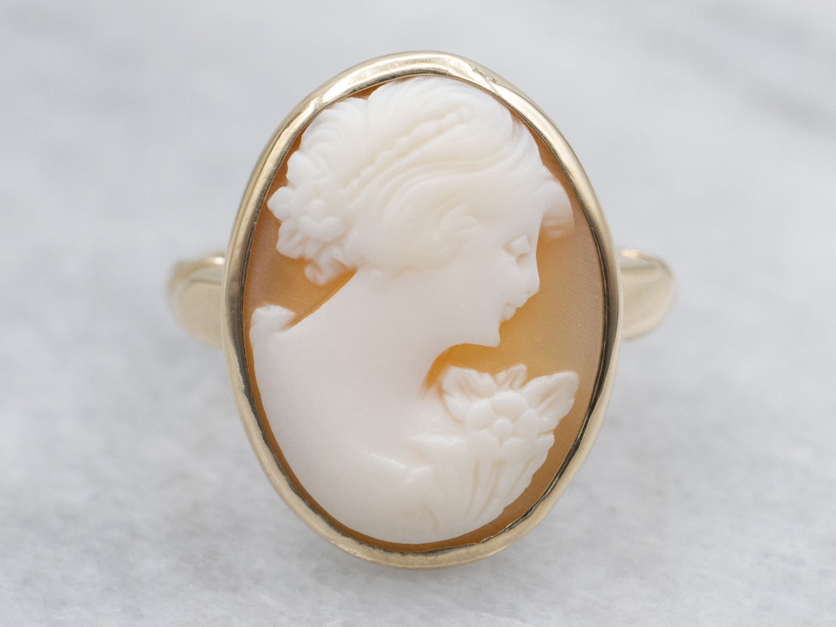 Vintage Gold Cameo Ring of a Young Woman with a Flower