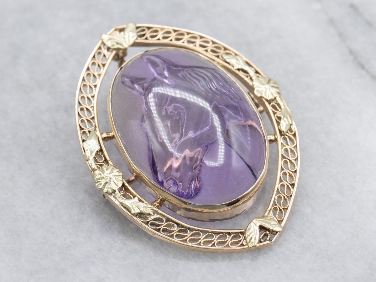 Vintage Gold Carved Amethyst Equestrian Filigree Pin or Pendant