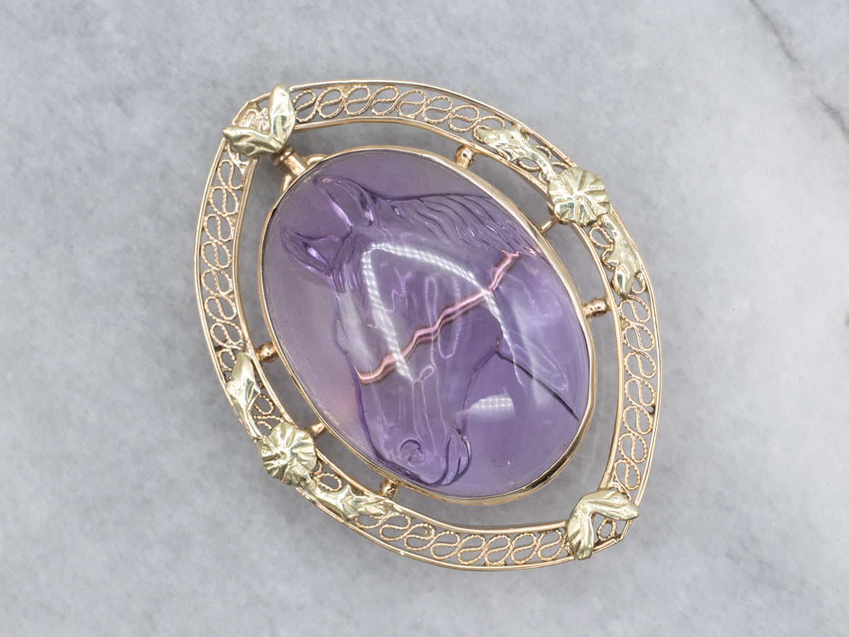 Vintage Gold Carved Amethyst Equestrian Filigree Pin or Pendant