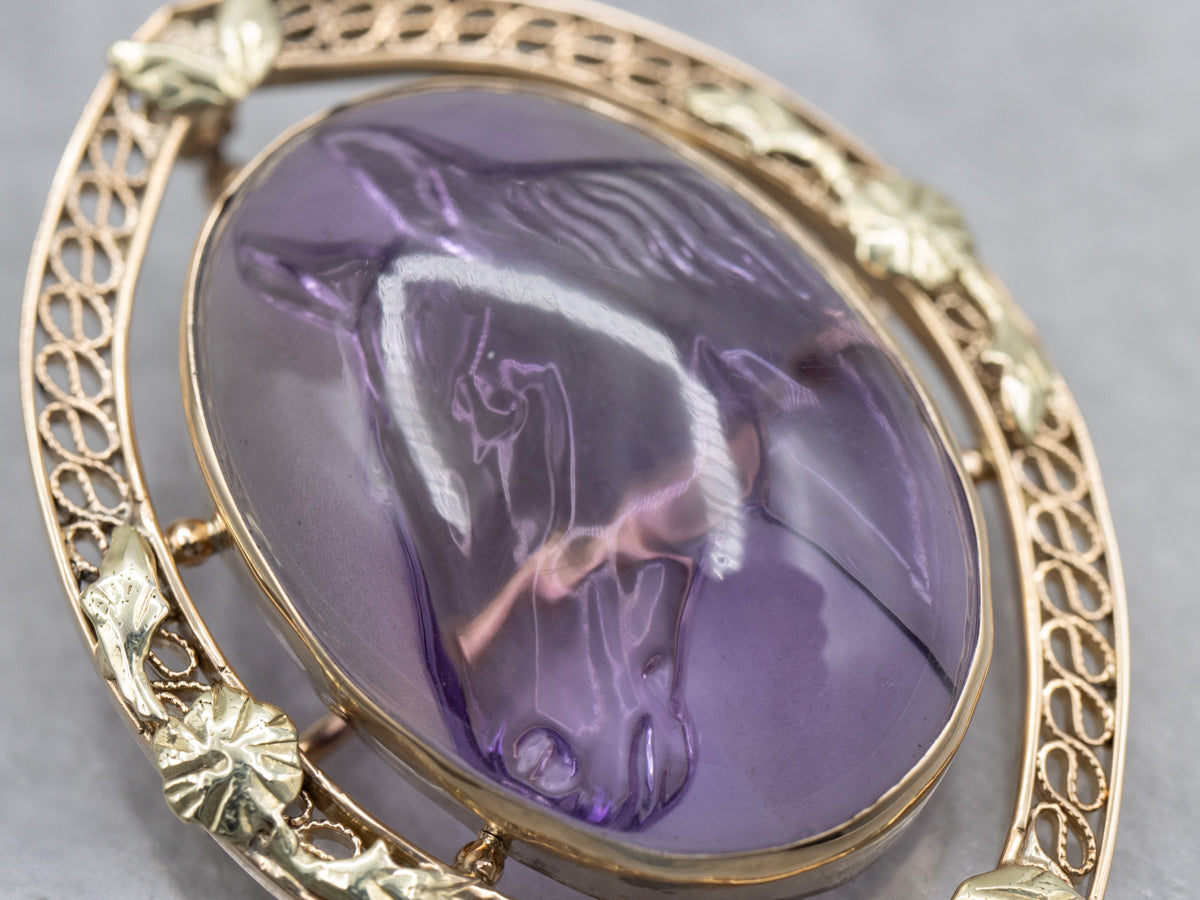 Vintage Gold Carved Amethyst Equestrian Filigree Pin or Pendant