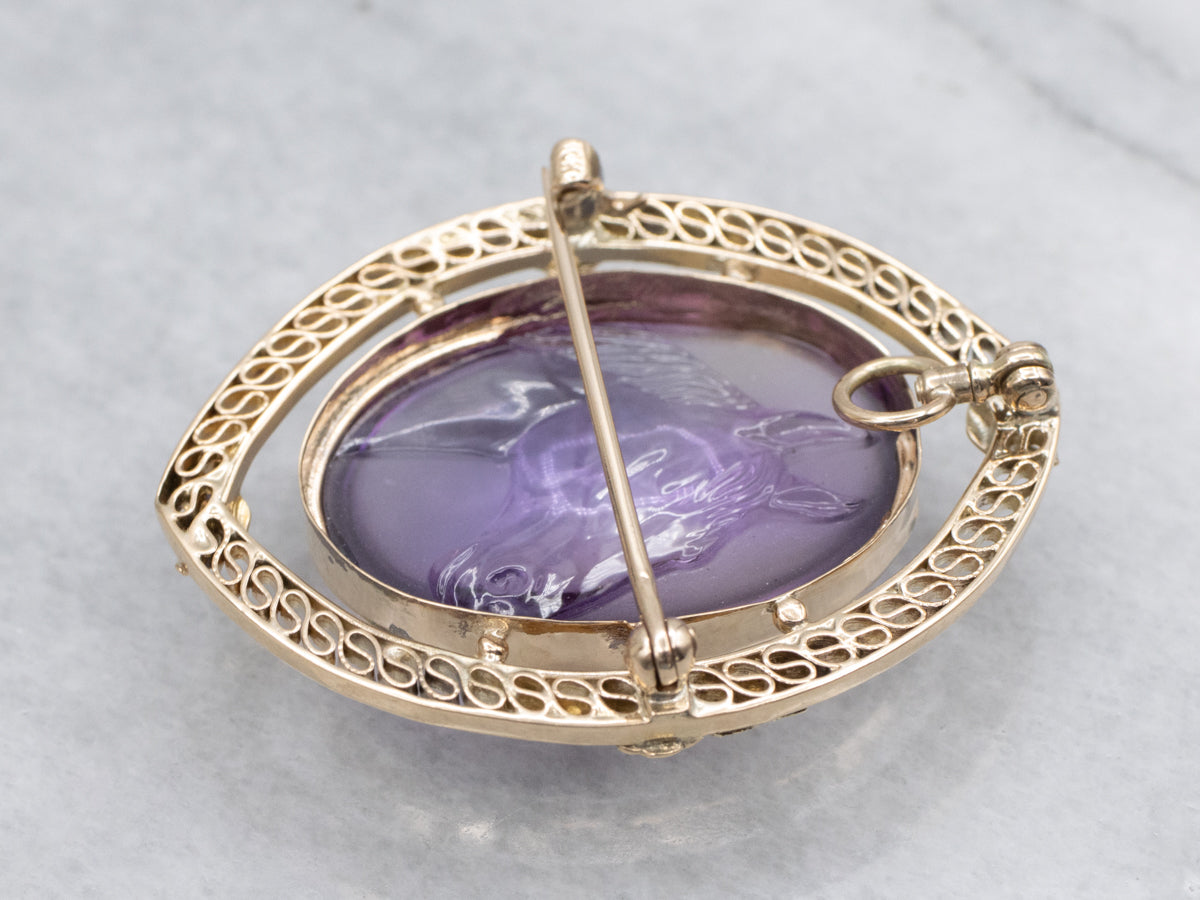 Vintage Gold Carved Amethyst Equestrian Filigree Pin or Pendant