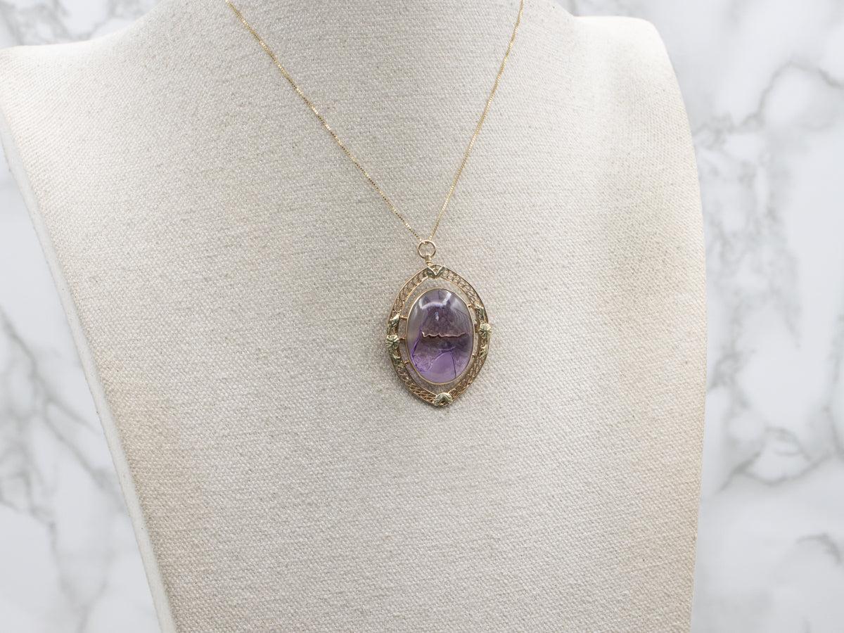 Vintage Gold Carved Amethyst Equestrian Filigree Pin or Pendant