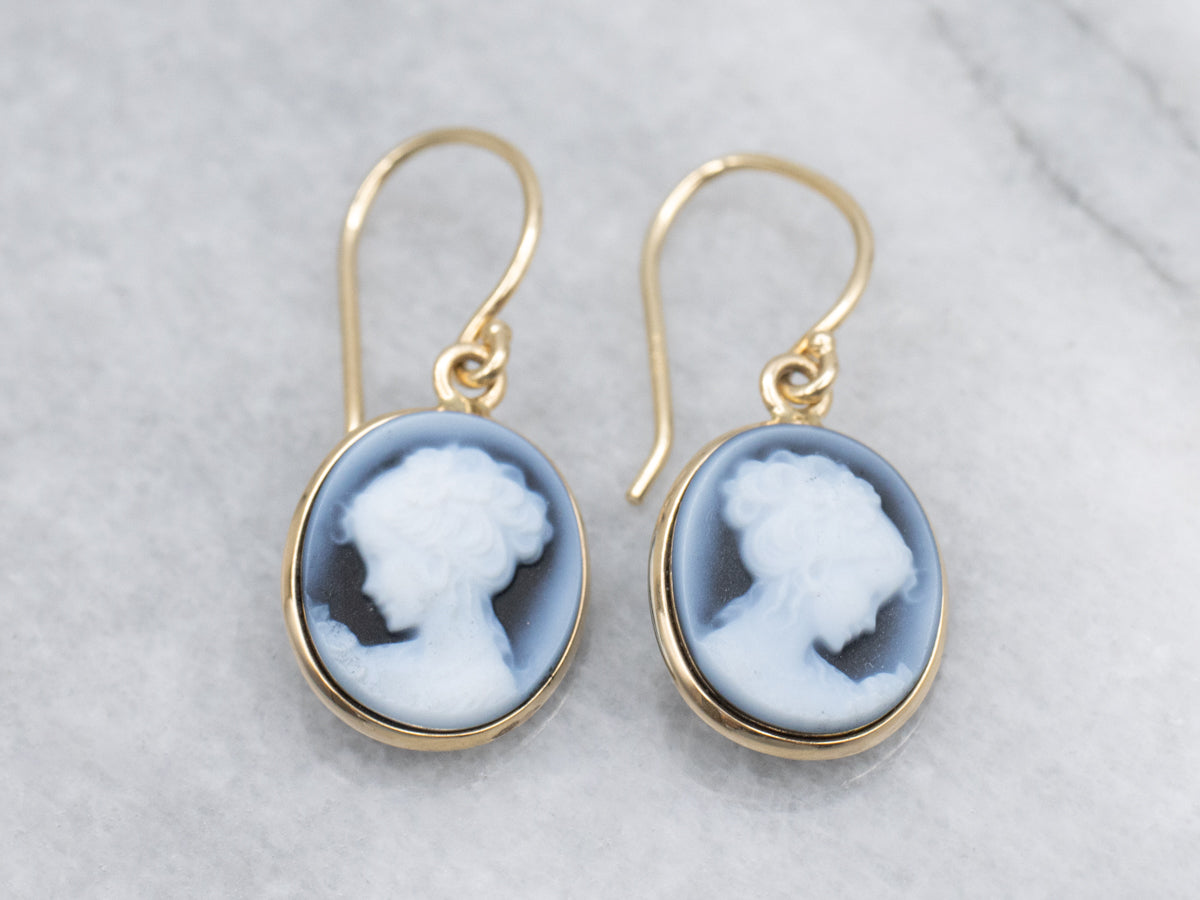 Modern Bezel Set Onyx Cameo Gold Drop Earrings
