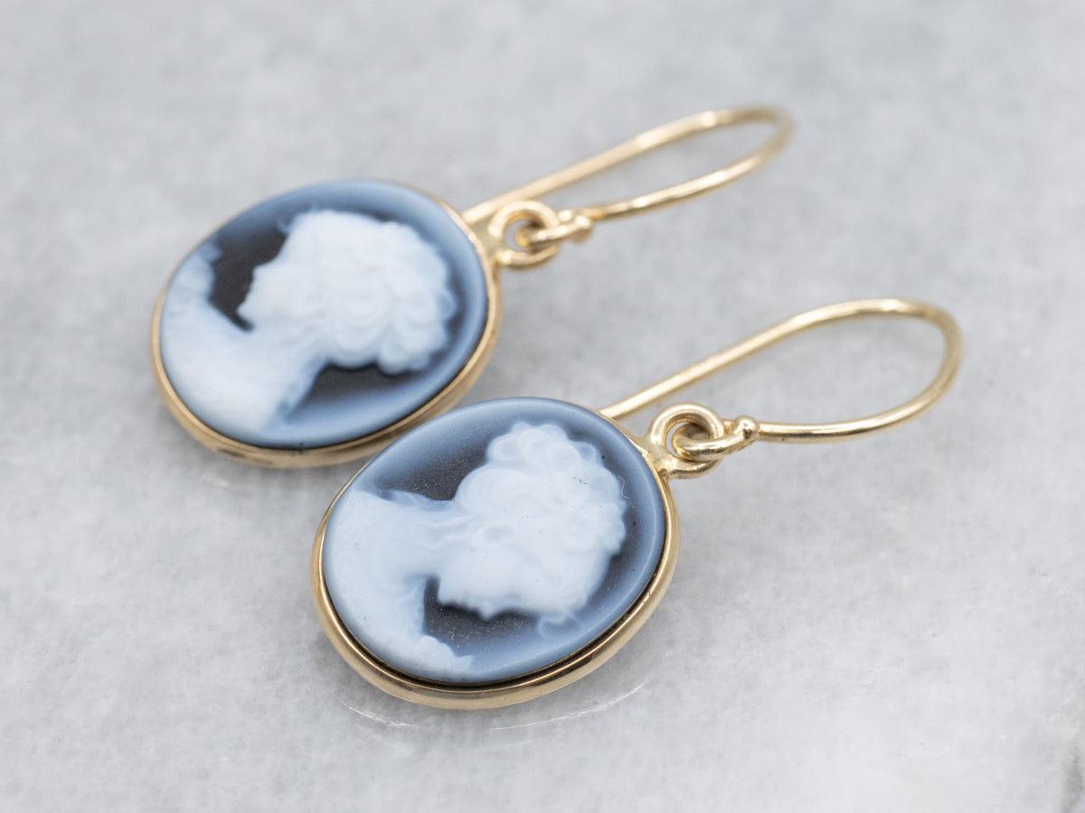 Modern Bezel Set Onyx Cameo Gold Drop Earrings
