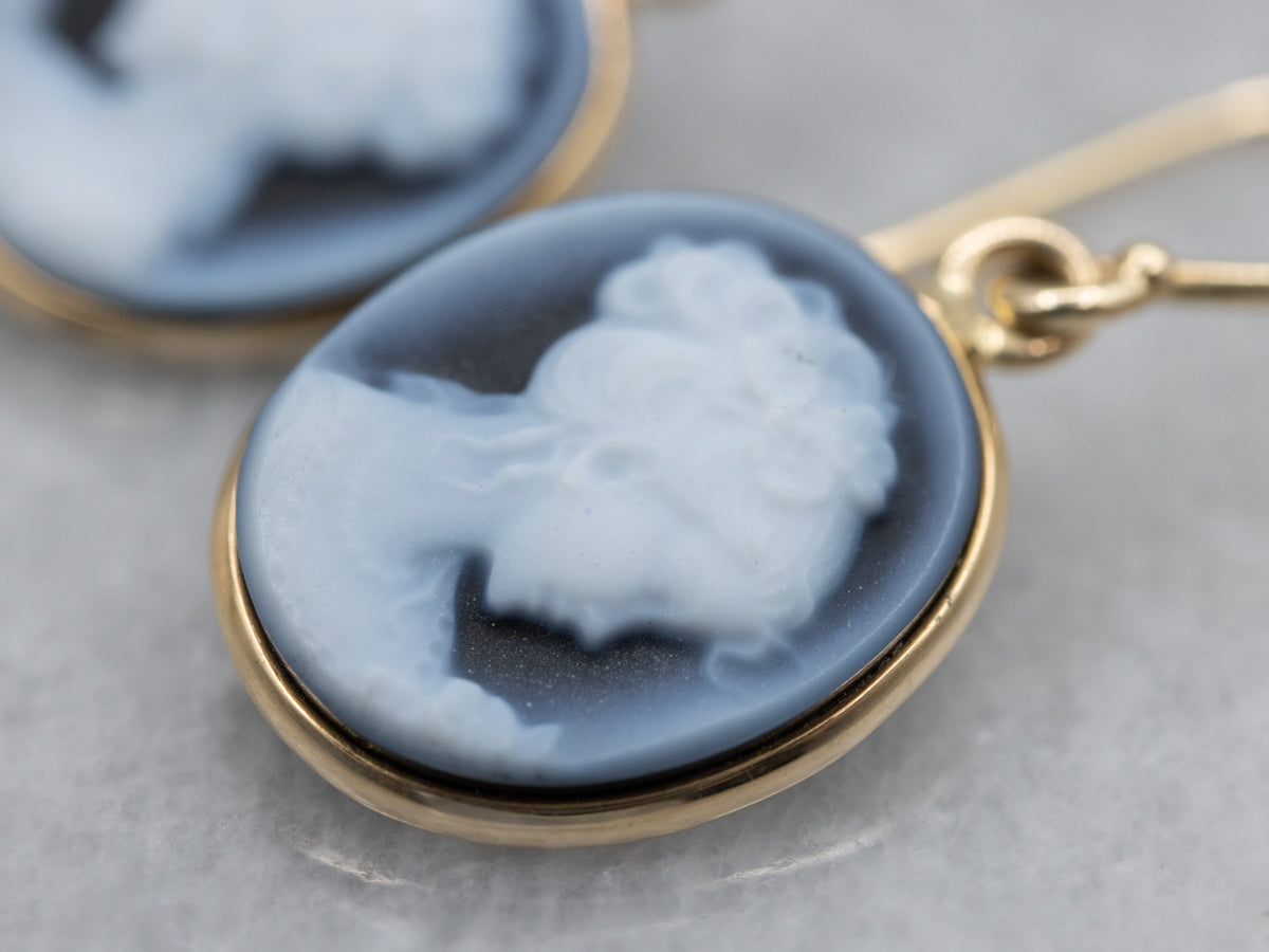 Modern Bezel Set Onyx Cameo Gold Drop Earrings