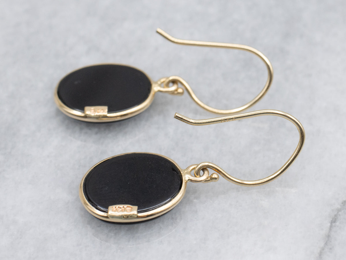 Modern Bezel Set Onyx Cameo Gold Drop Earrings