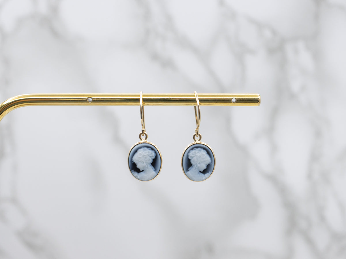 Modern Bezel Set Onyx Cameo Gold Drop Earrings