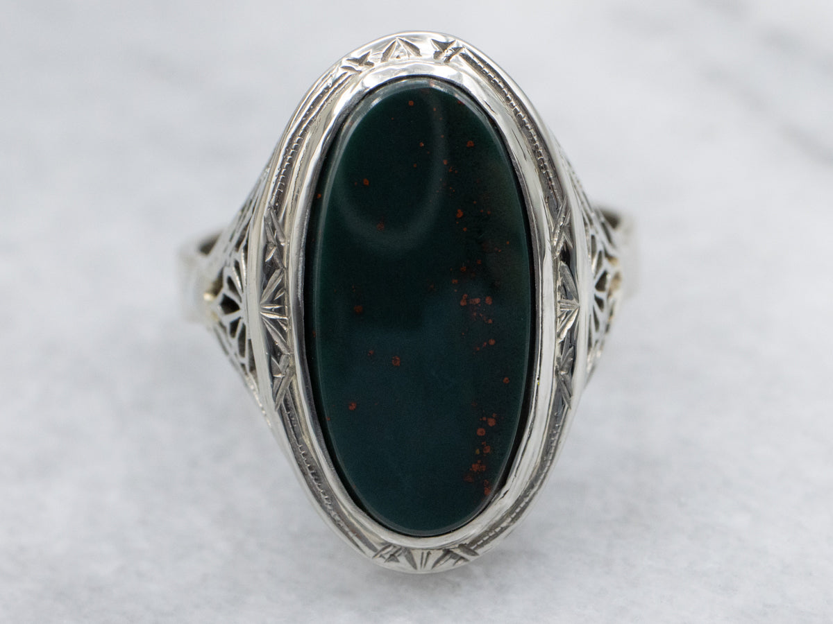 Art Deco Era Bloodstone Gold Filigree Ring