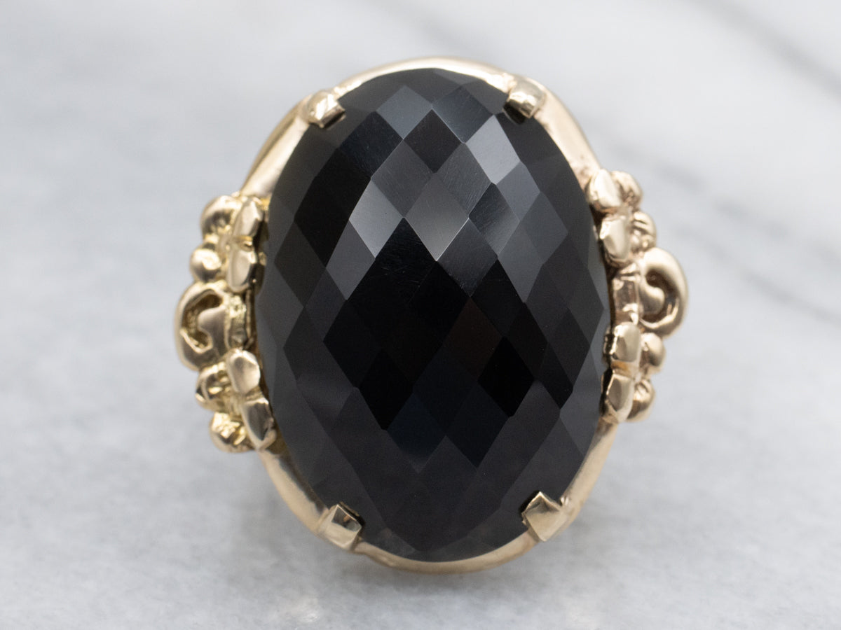 Faceted Black Obsidian Floral Yellow Gold Cocktail Ring