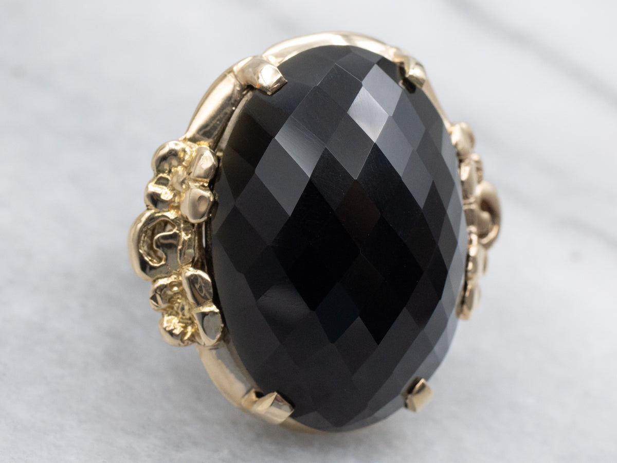 Faceted Black Obsidian Floral Yellow Gold Cocktail Ring