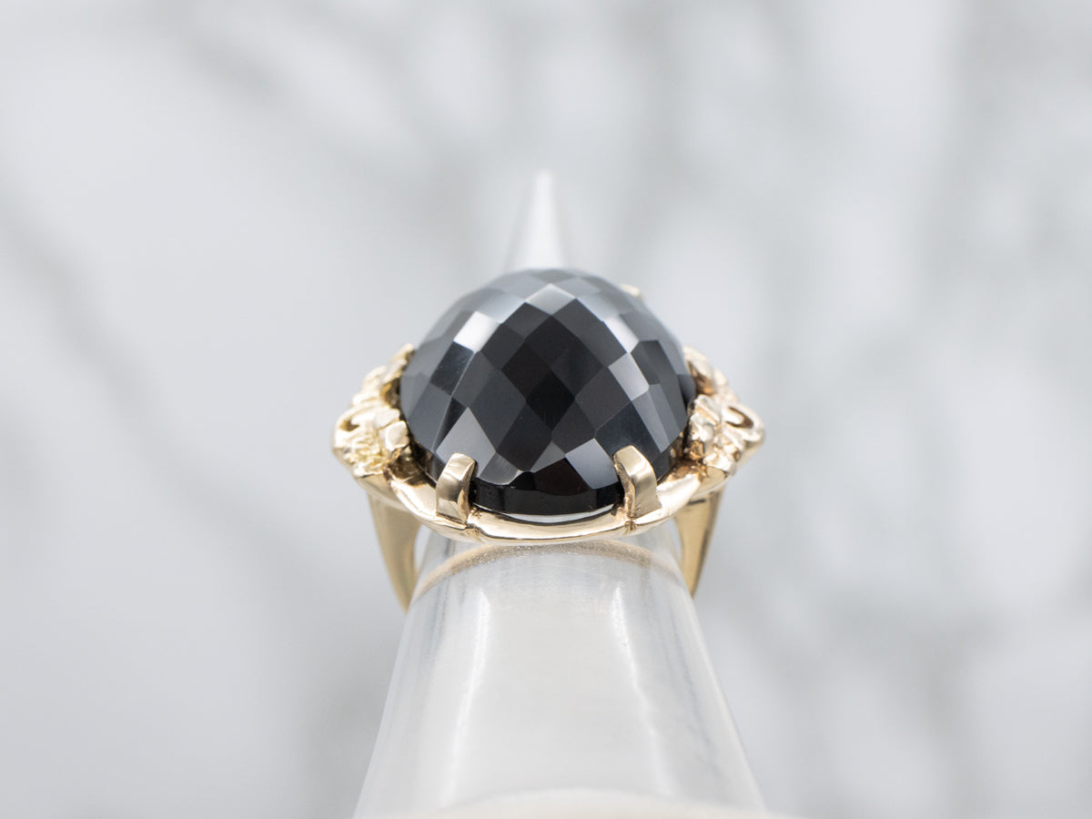 Faceted Black Obsidian Floral Yellow Gold Cocktail Ring