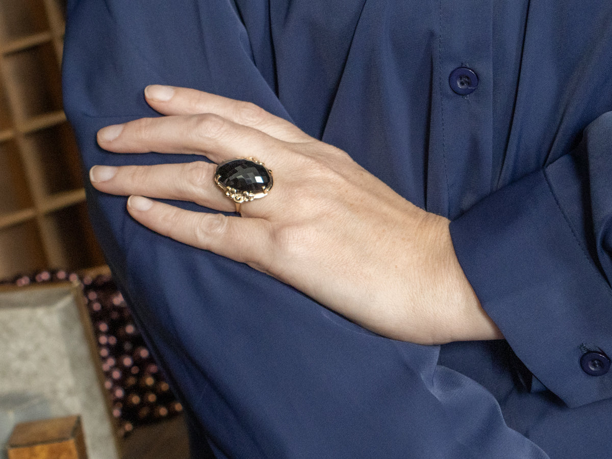 Faceted Black Obsidian Floral Yellow Gold Cocktail Ring