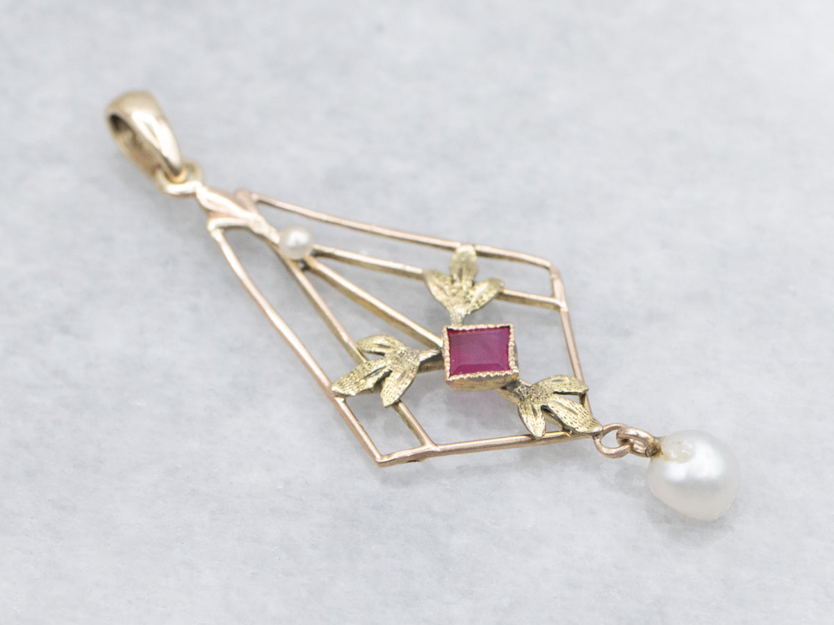 Art Nouveau Era Ruby and Pearl Botanical Lavalier Pendant