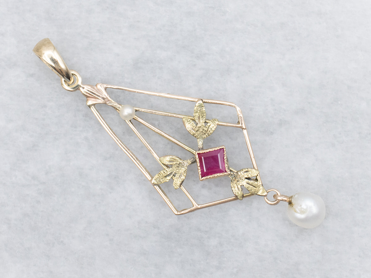 Art Nouveau Era Ruby and Pearl Botanical Lavalier Pendant
