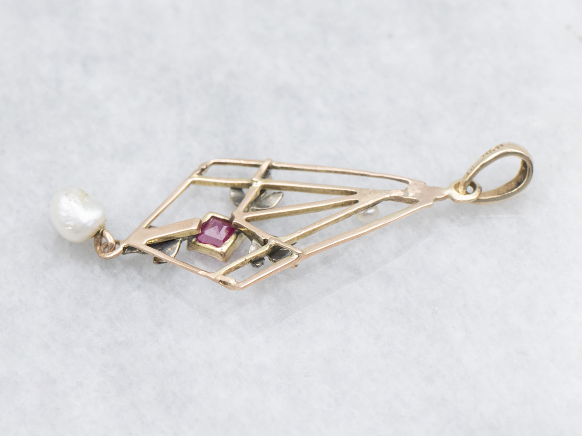 Art Nouveau Era Ruby and Pearl Botanical Lavalier Pendant