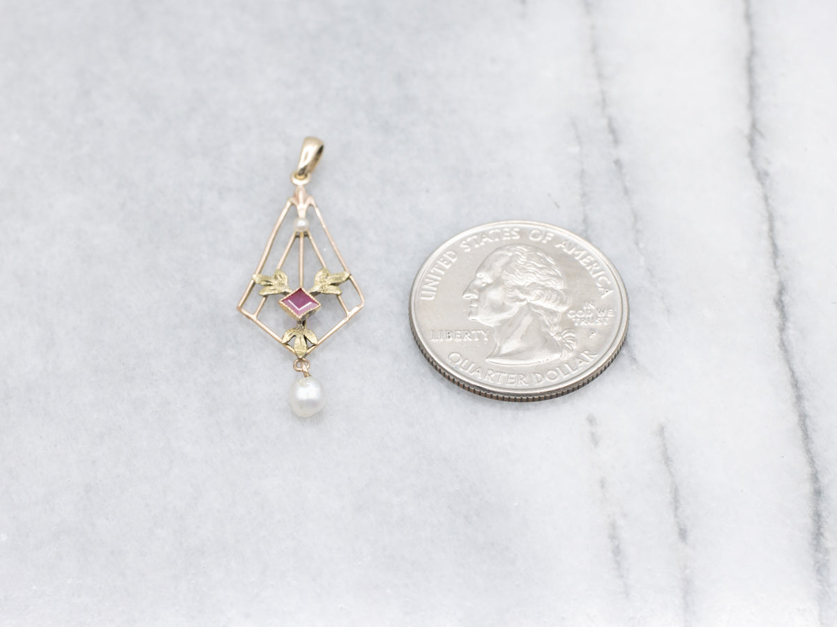 Art Nouveau Era Ruby and Pearl Botanical Lavalier Pendant