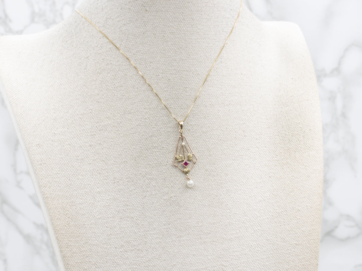 Art Nouveau Era Ruby and Pearl Botanical Lavalier Pendant