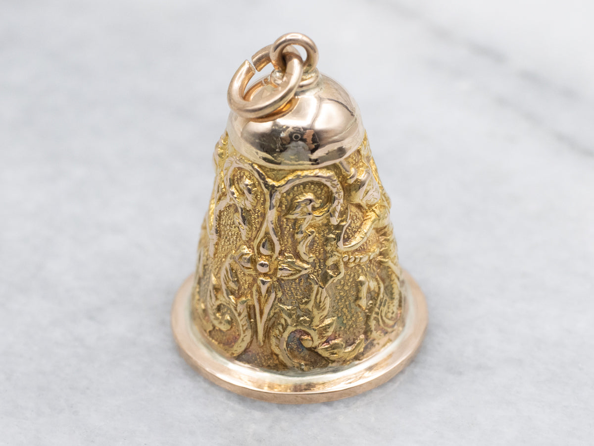 Thai Khon Dancers Carved Yellow Gold Bell Pendant