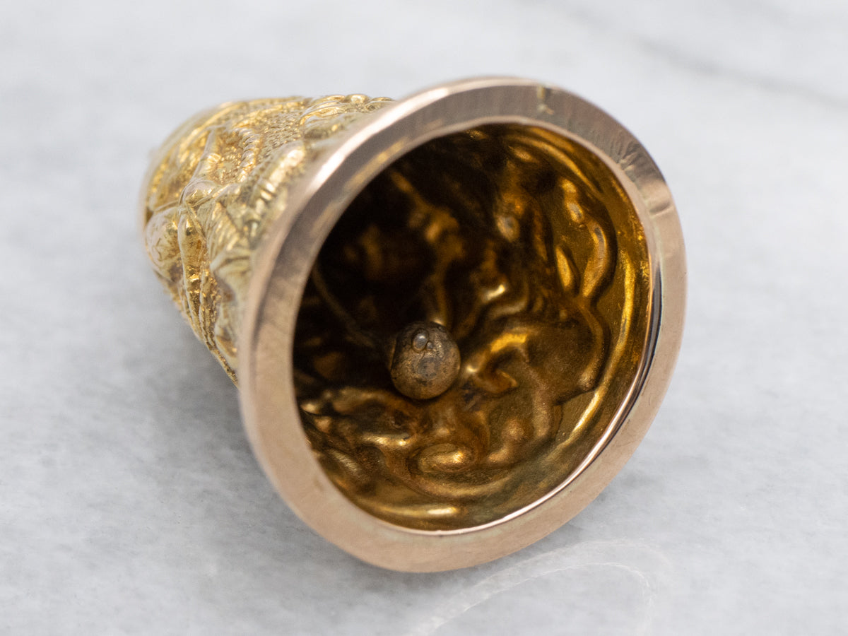 Thai Khon Dancers Carved Yellow Gold Bell Pendant