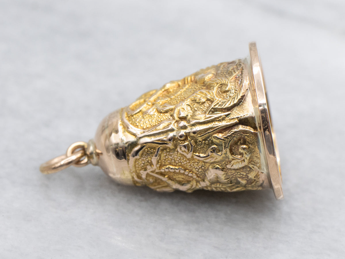 Thai Khon Dancers Carved Yellow Gold Bell Pendant
