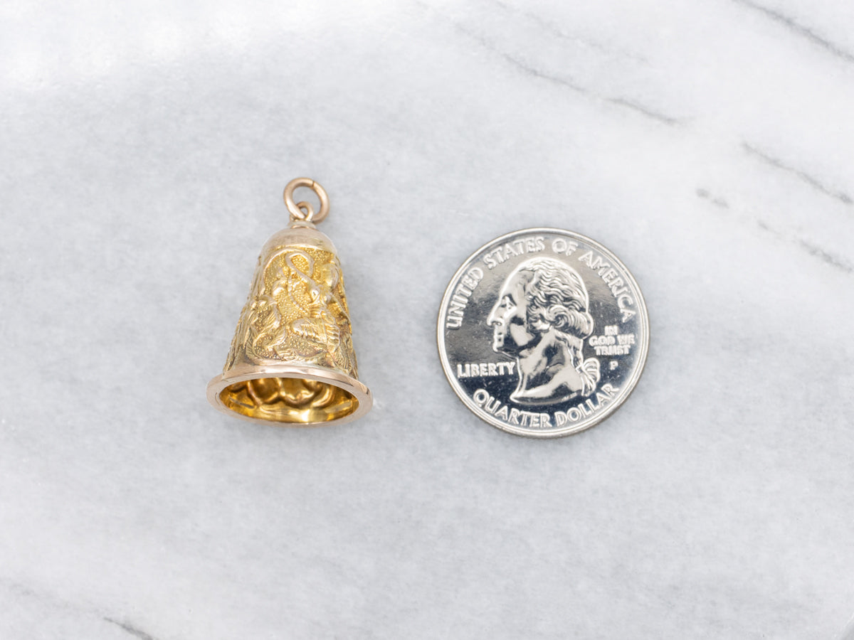 Thai Khon Dancers Carved Yellow Gold Bell Pendant