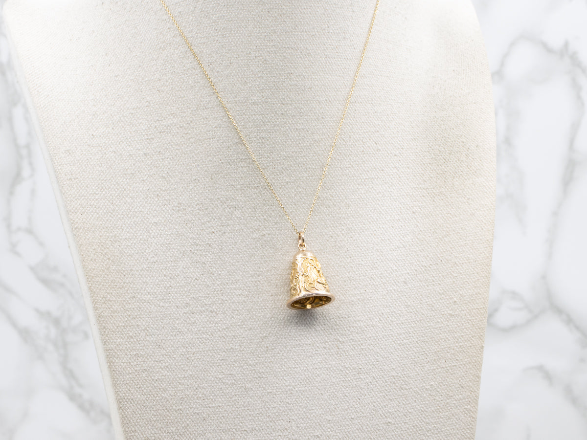 Thai Khon Dancers Carved Yellow Gold Bell Pendant