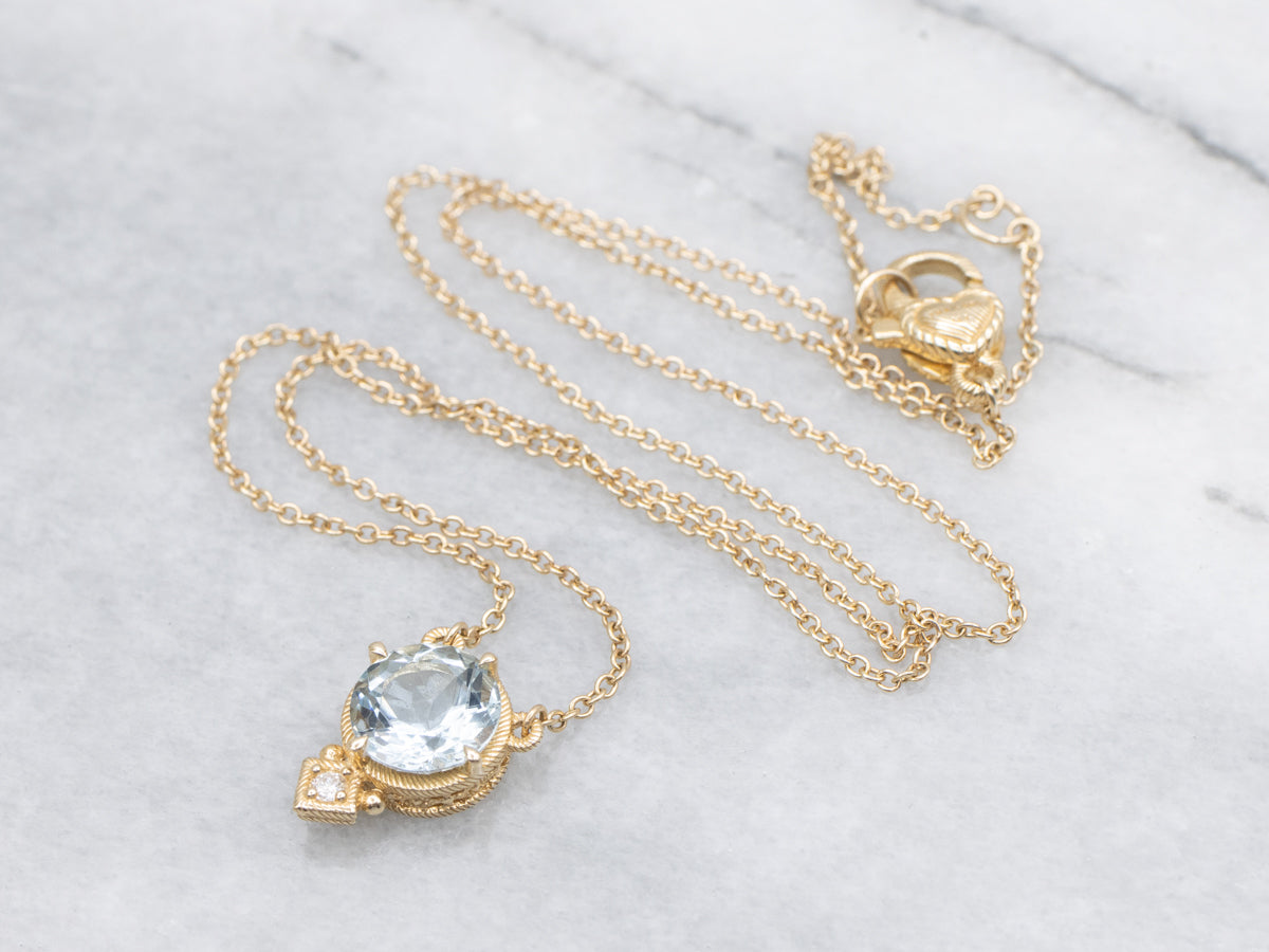 Aquamarine Diamond and Gold Necklace with Padlock Heart Clasp