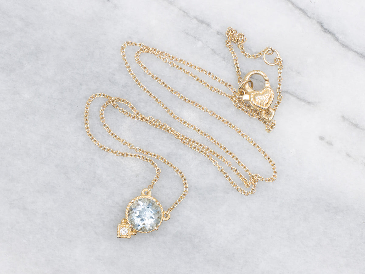 Aquamarine Diamond and Gold Necklace with Padlock Heart Clasp