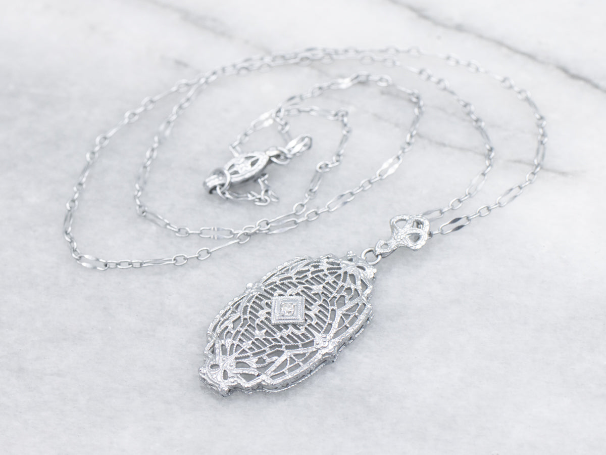 Art Deco Diamond White Gold Filigree Pendant Necklace
