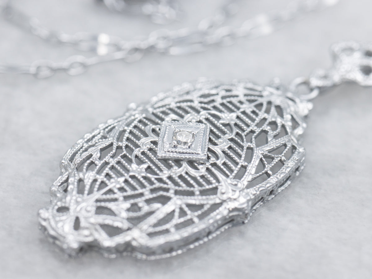Art Deco Diamond White Gold Filigree Pendant Necklace