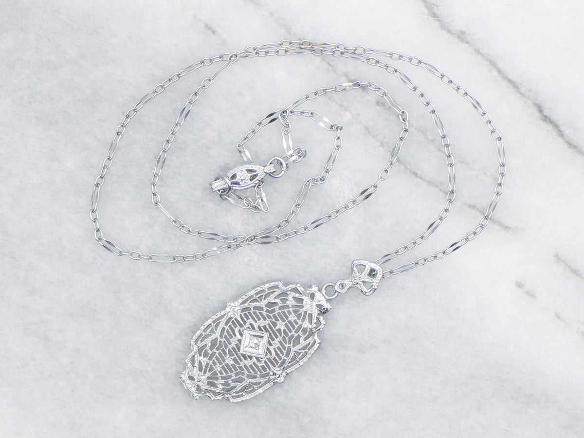 Art Deco Diamond White Gold Filigree Pendant Necklace