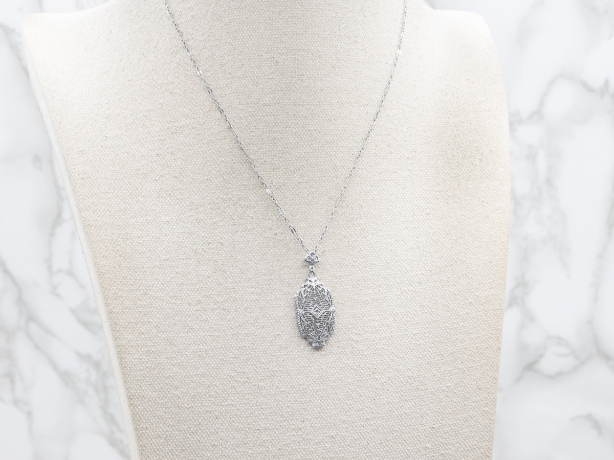Art Deco Diamond White Gold Filigree Pendant Necklace