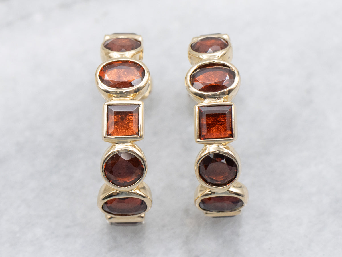 Geometric Bezel-Set Garnet Gemstone Hoop Earrings