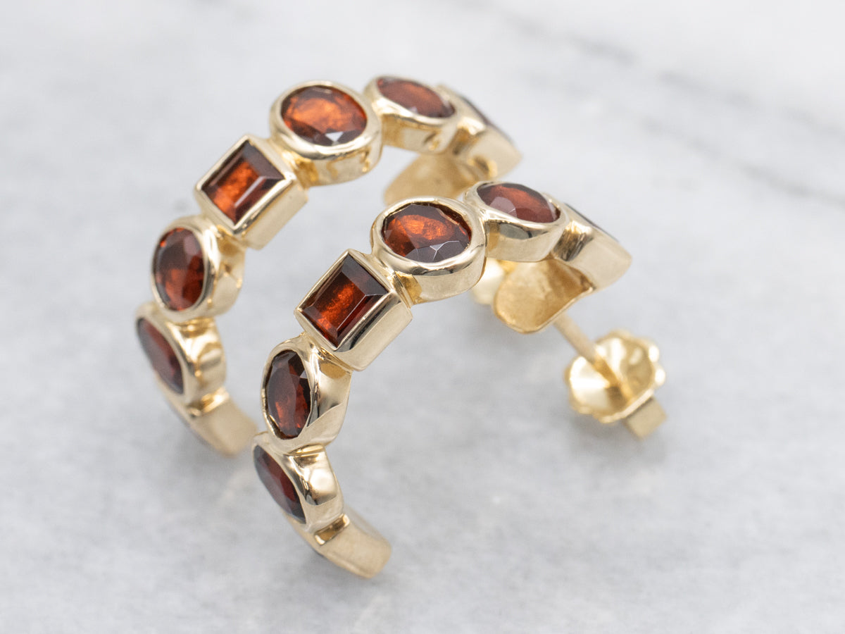 Geometric Bezel-Set Garnet Gemstone Hoop Earrings