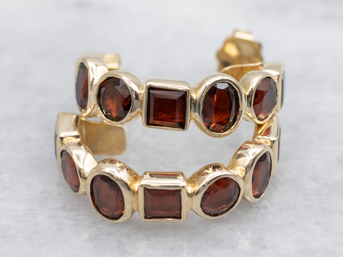Geometric Bezel-Set Garnet Gemstone Hoop Earrings