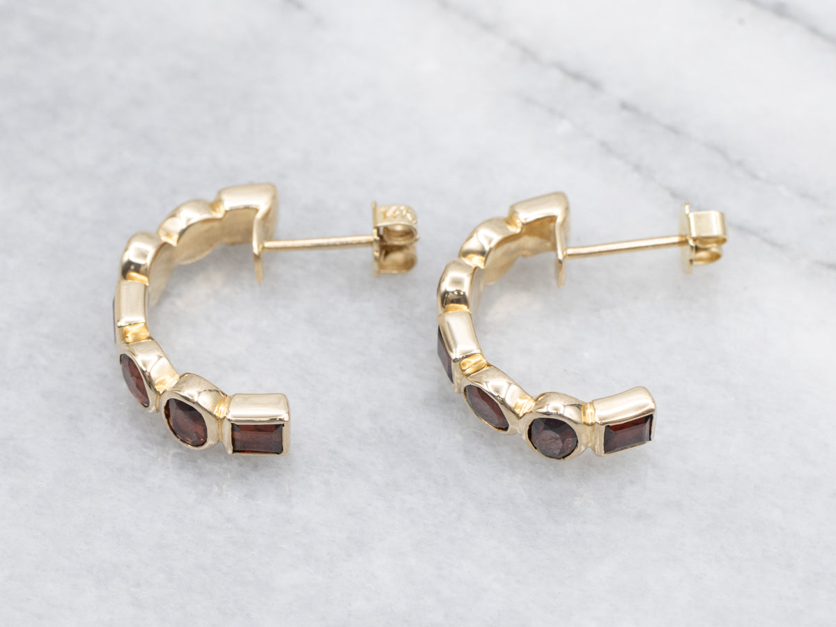 Geometric Bezel-Set Garnet Gemstone Hoop Earrings
