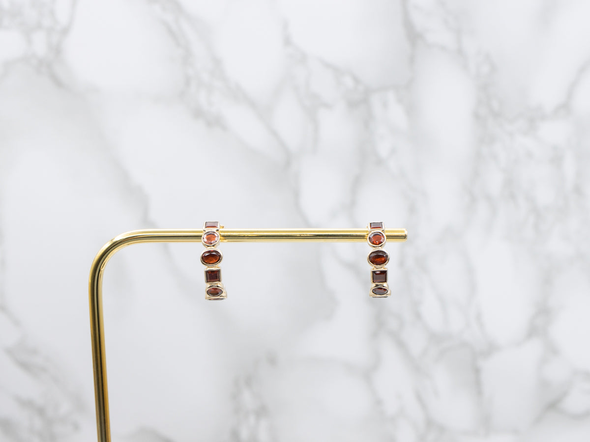 Geometric Bezel-Set Garnet Gemstone Hoop Earrings