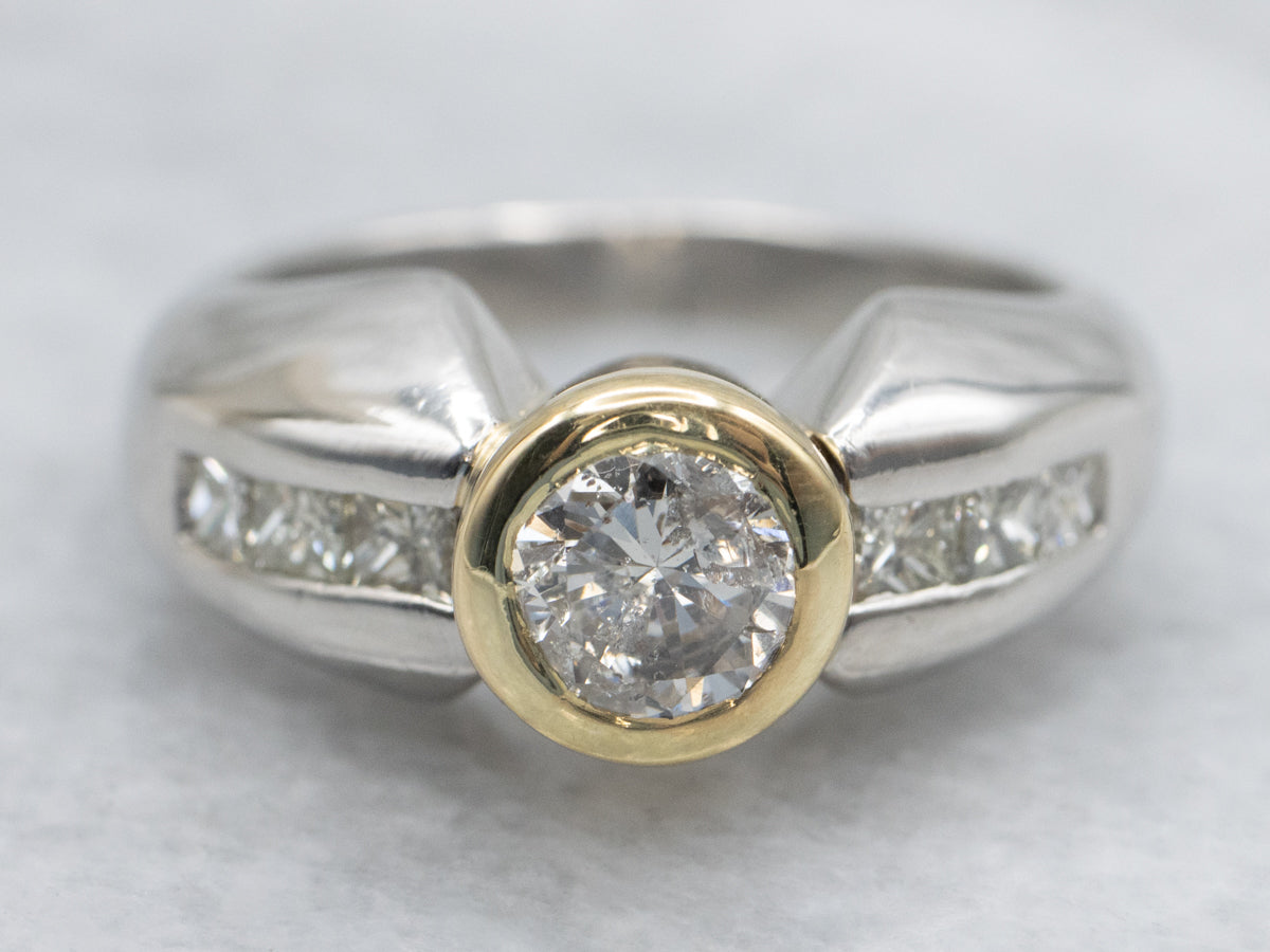Modern Bezel-Set Diamond Gold and Platinum Engagement Ring