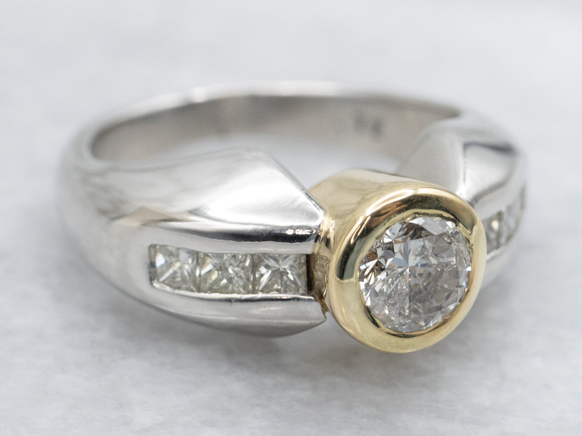 Modern Bezel-Set Diamond Gold and Platinum Engagement Ring