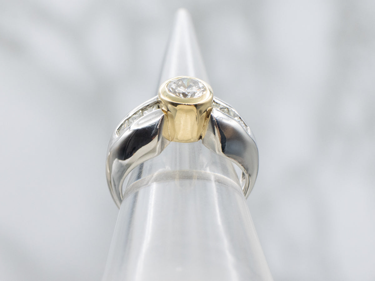 Modern Bezel-Set Diamond Gold and Platinum Engagement Ring