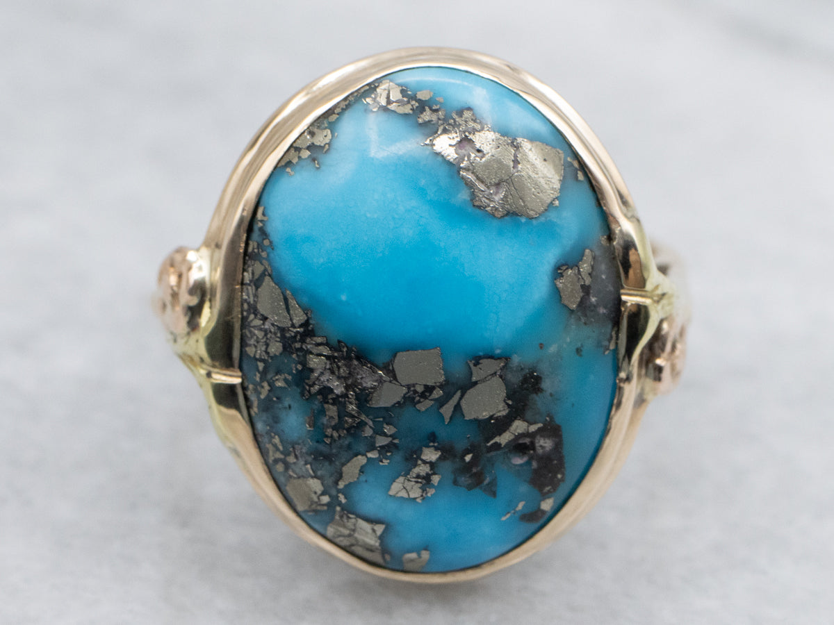 Floral Tri-Color Gold Turquoise Ring