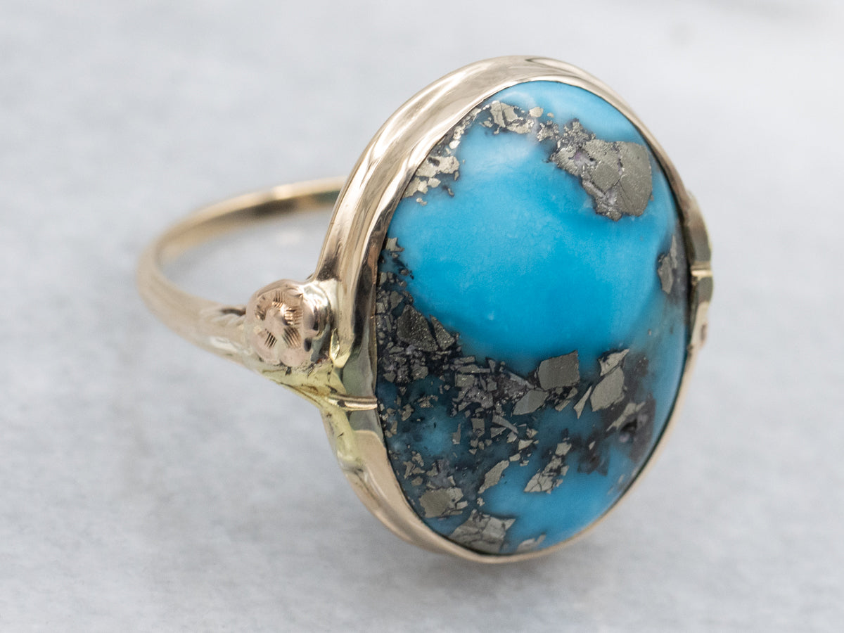 Floral Tri-Color Gold Turquoise Ring