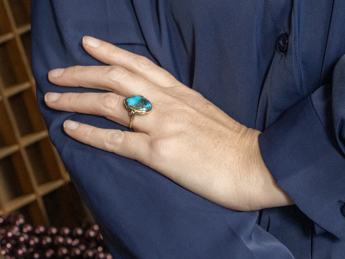 Floral Tri-Color Gold Turquoise Ring