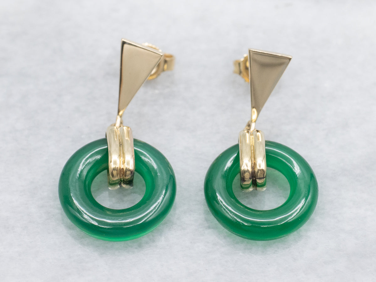 Green Onyx and Gold Dangle Drop Earrings