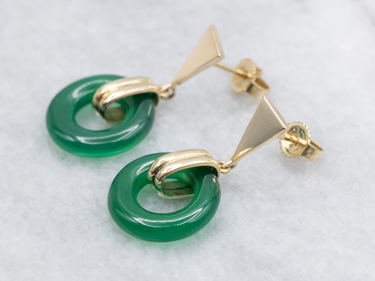 Green Onyx and Gold Dangle Drop Earrings