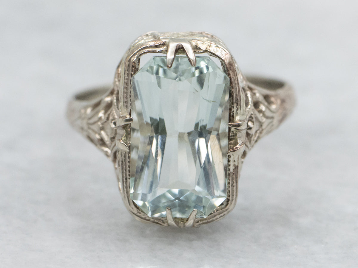 Art Deco Aquamarine Floral Filigree Ring