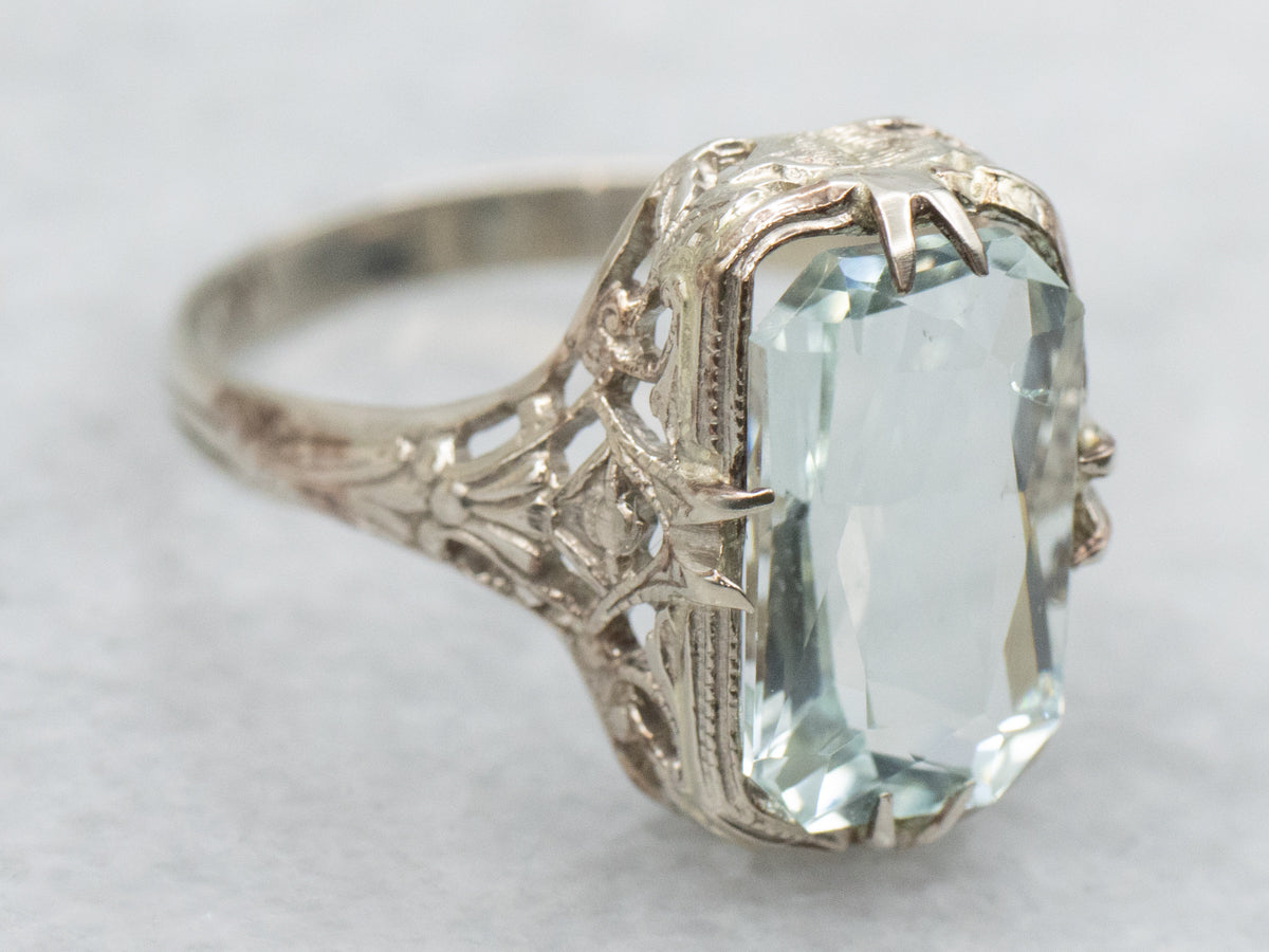 Art Deco Aquamarine Floral Filigree Ring